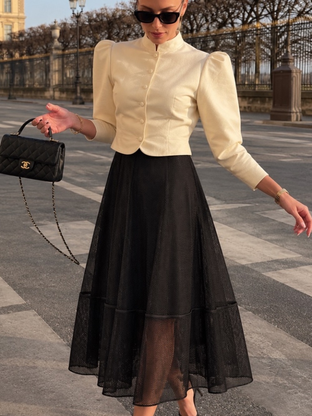 Maje Johana Black Structured Mesh Flared Midi Skirt